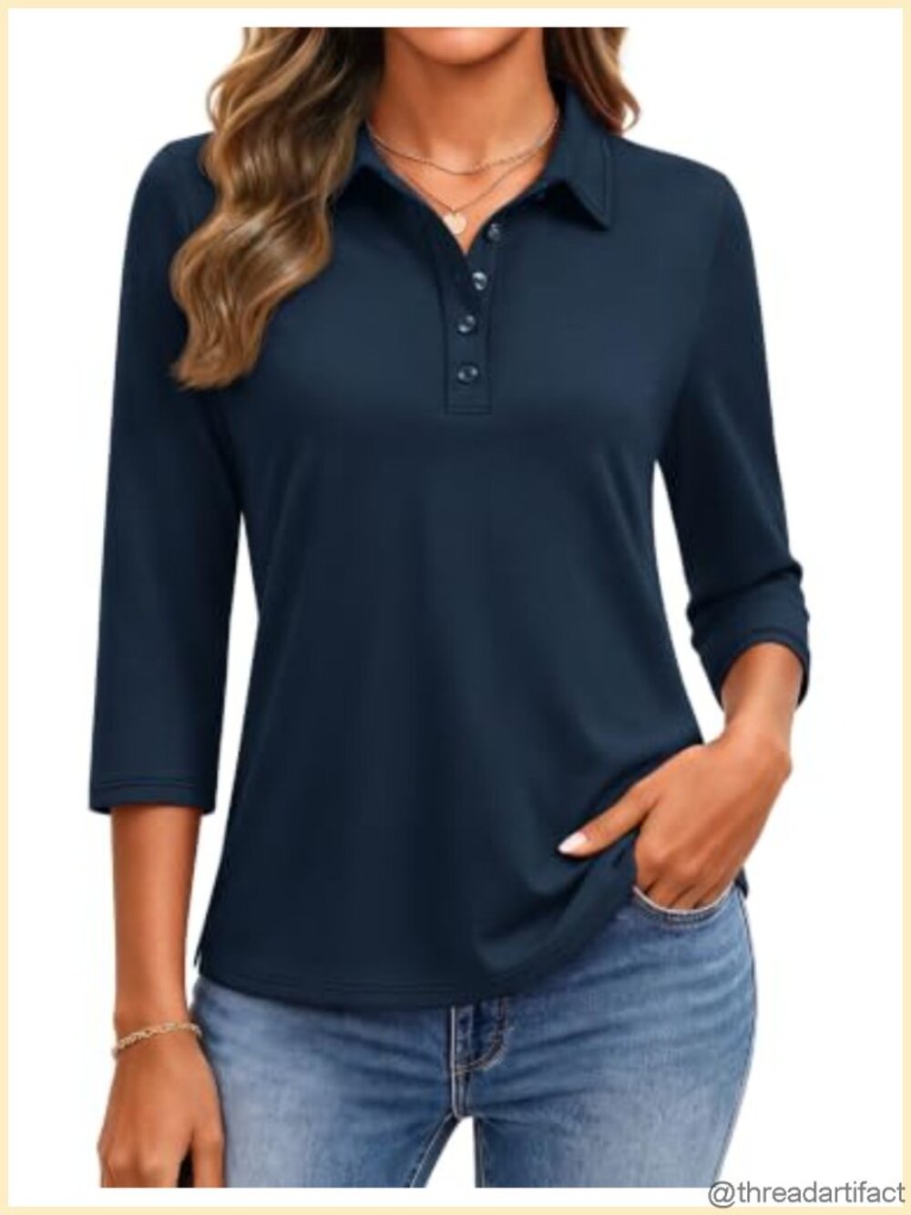 Women's 3/4 Sleeve Polo Shirt Golf Tee 5-Button Collared Top